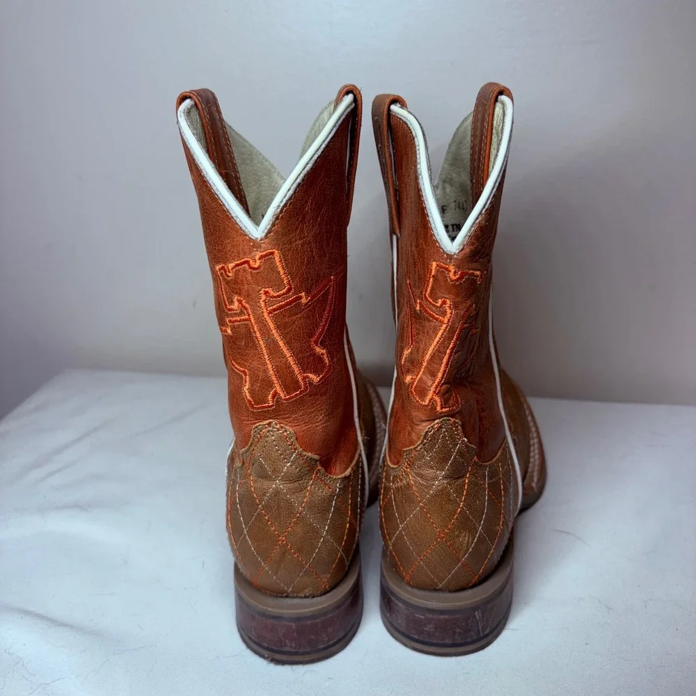 Tin Haul Kids Crossed Brown Orange Leather Patriotic‎ Square Toe Cowboy Boots 12